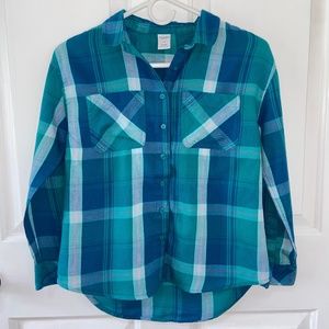 Arizona lightweight plaid Button Up Girls Size 14 (Large)  blue green pink